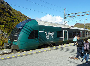 Die Flåmgebirgsbahn führt von Myrdal (867m Höhe) hinunter auf Meereshöhe nach Flåm am Aurlandsfjord